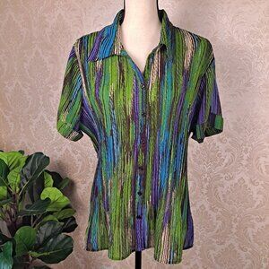Avenue Size 18/20 Button Front Vertical Striped Sheer Peplum Blouse Short Sleeve